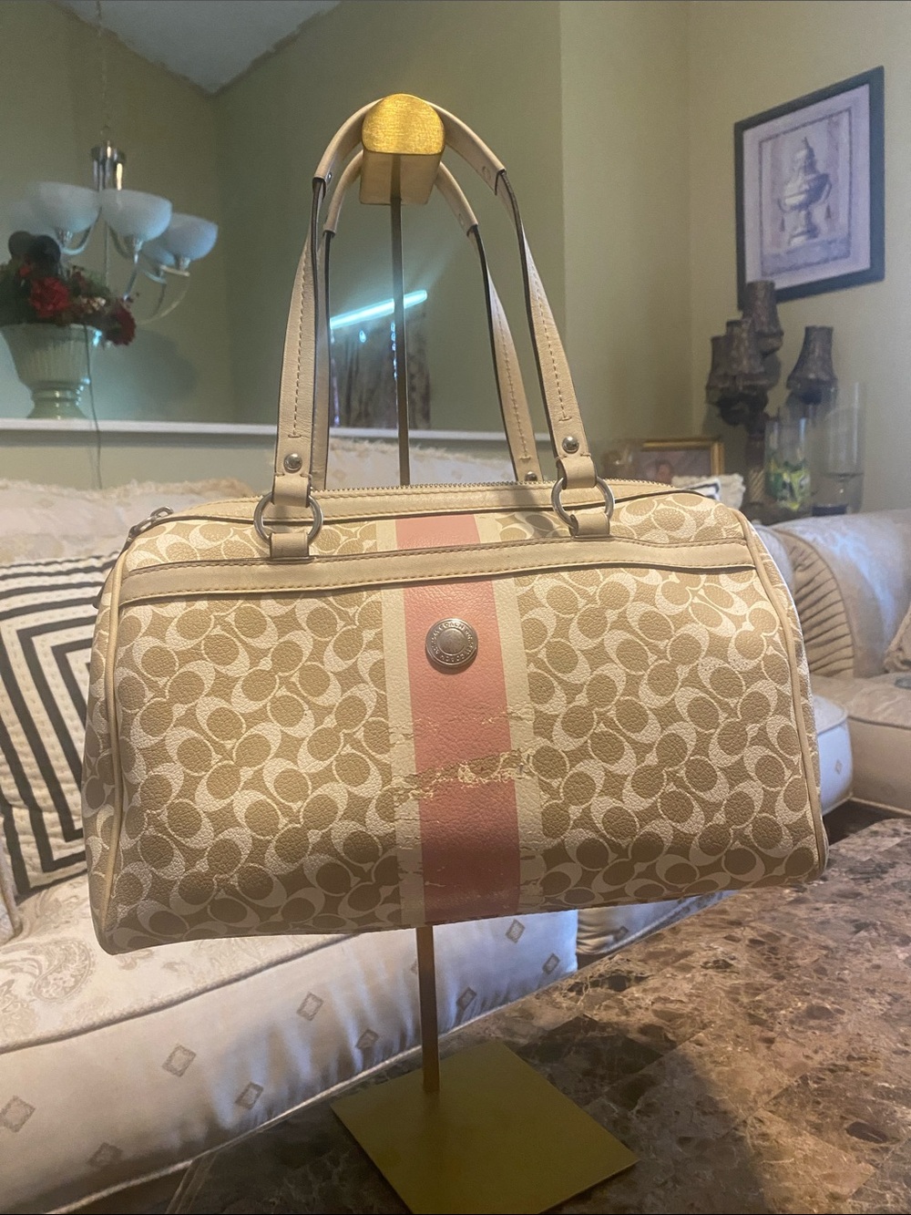 Coach Beige Signature Canvas Satchel with Pink Center Stripe.